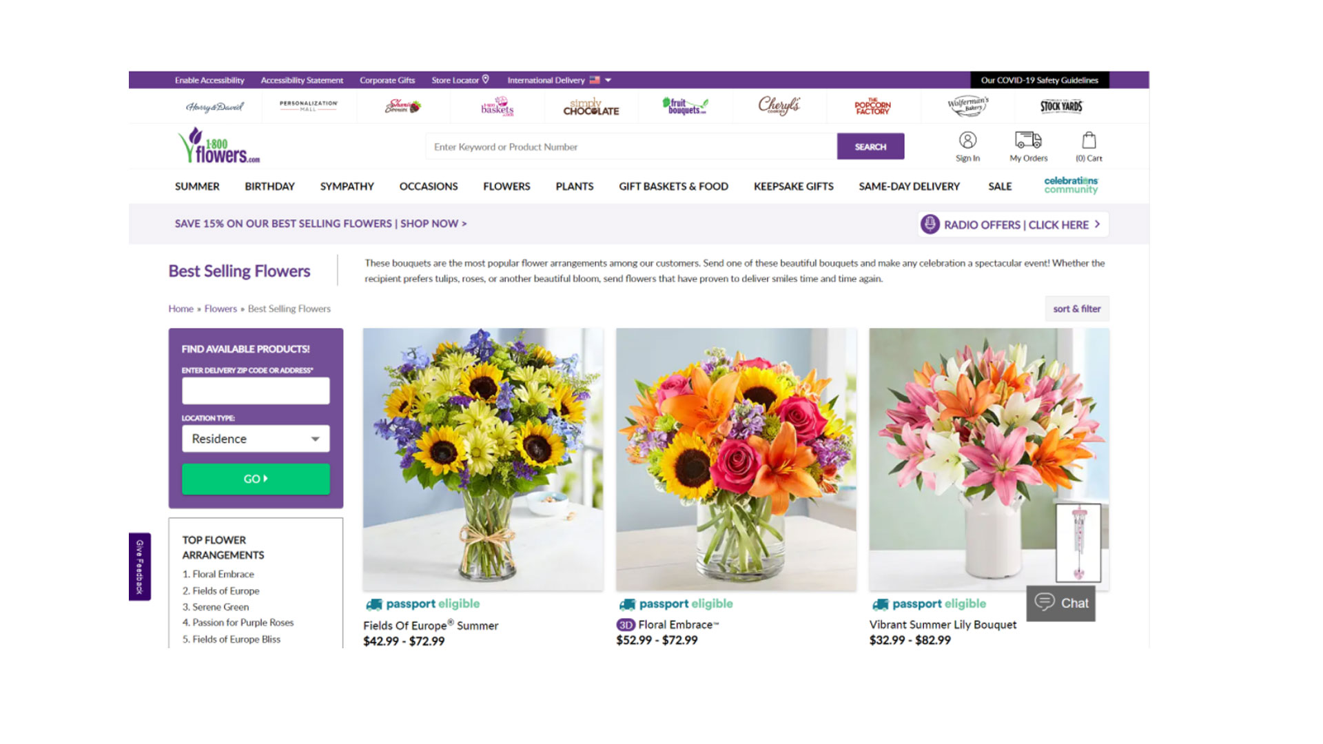 1-800-Flowers avis : L'image montre les bouquets les plus vendus du site Web.