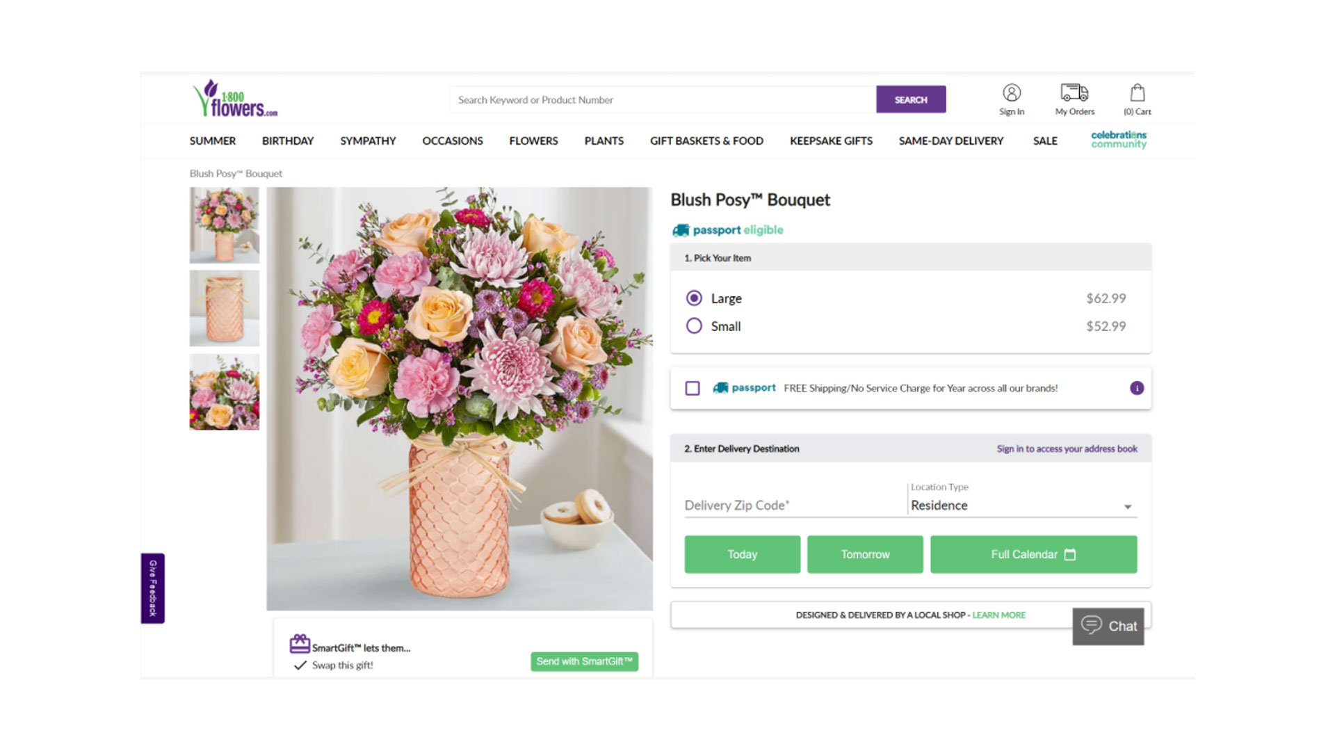 1-800-Flowers avis : L'image montre les options d'achat pour un bouquet spécifique.