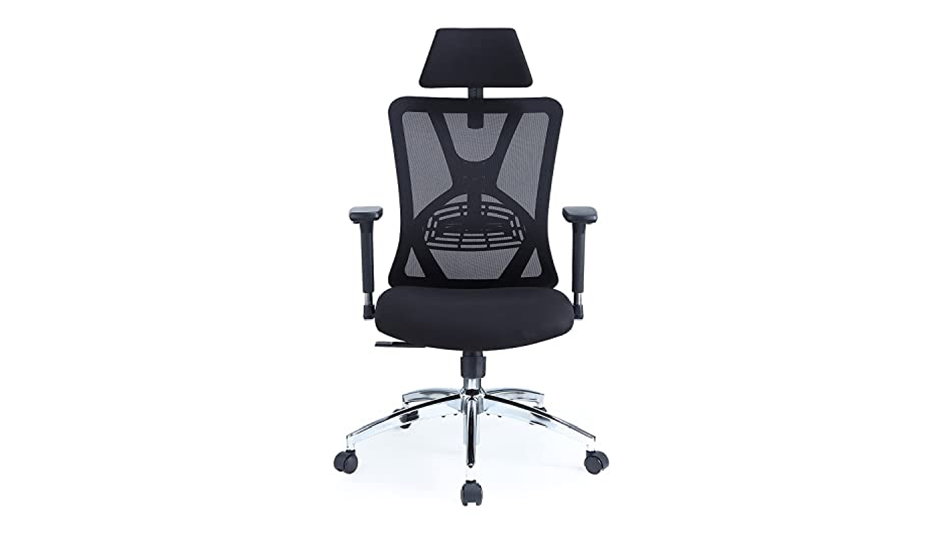 Test de la chaise de bureau ergonomique Ticova : Une image montrant la chaise entièrement noire avec des pieds de piédestal chromés