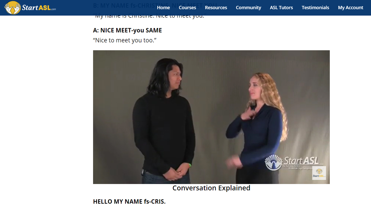 Capture d'écran du lecteur vidéo Start ASL, montrant deux personnes signant l'une avec l'autre