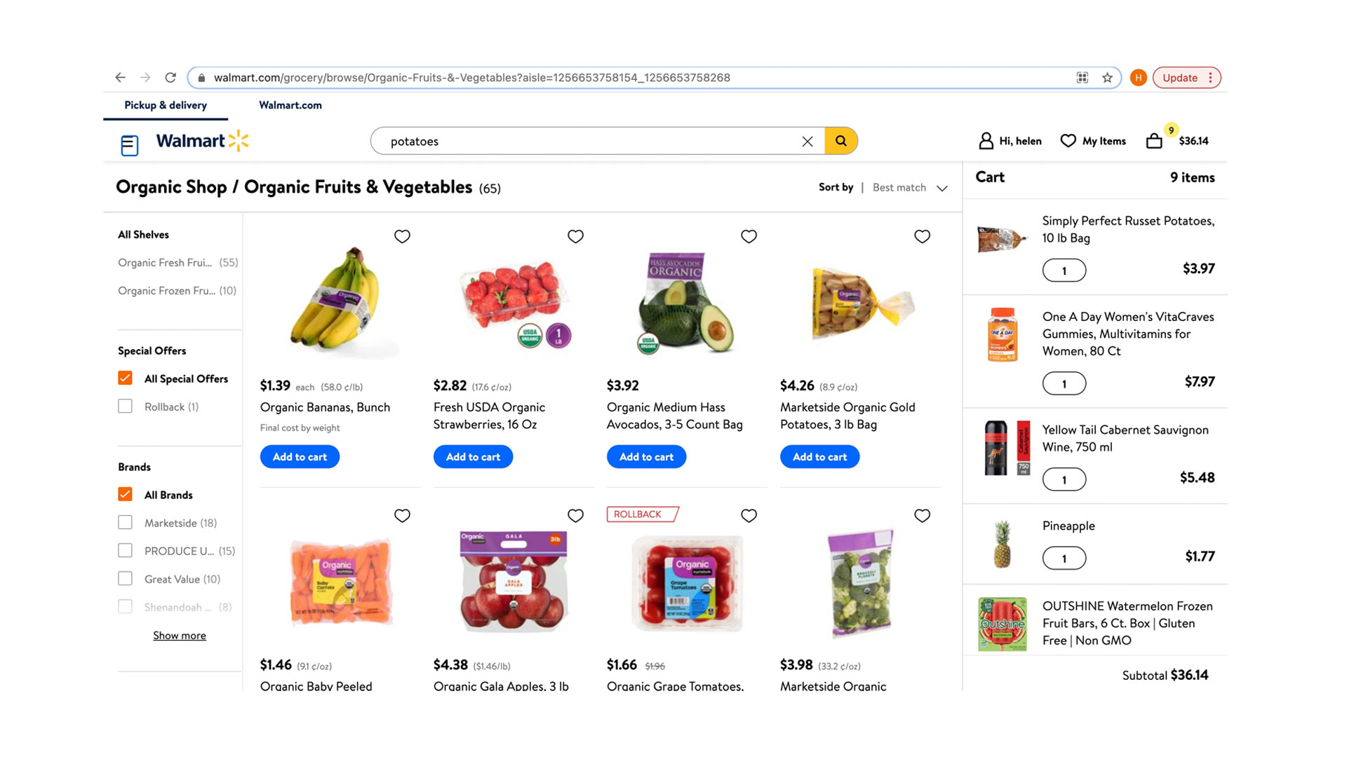 Test de Walmart Grocery : L'image montre le site Web et le panier d'un acheteur.