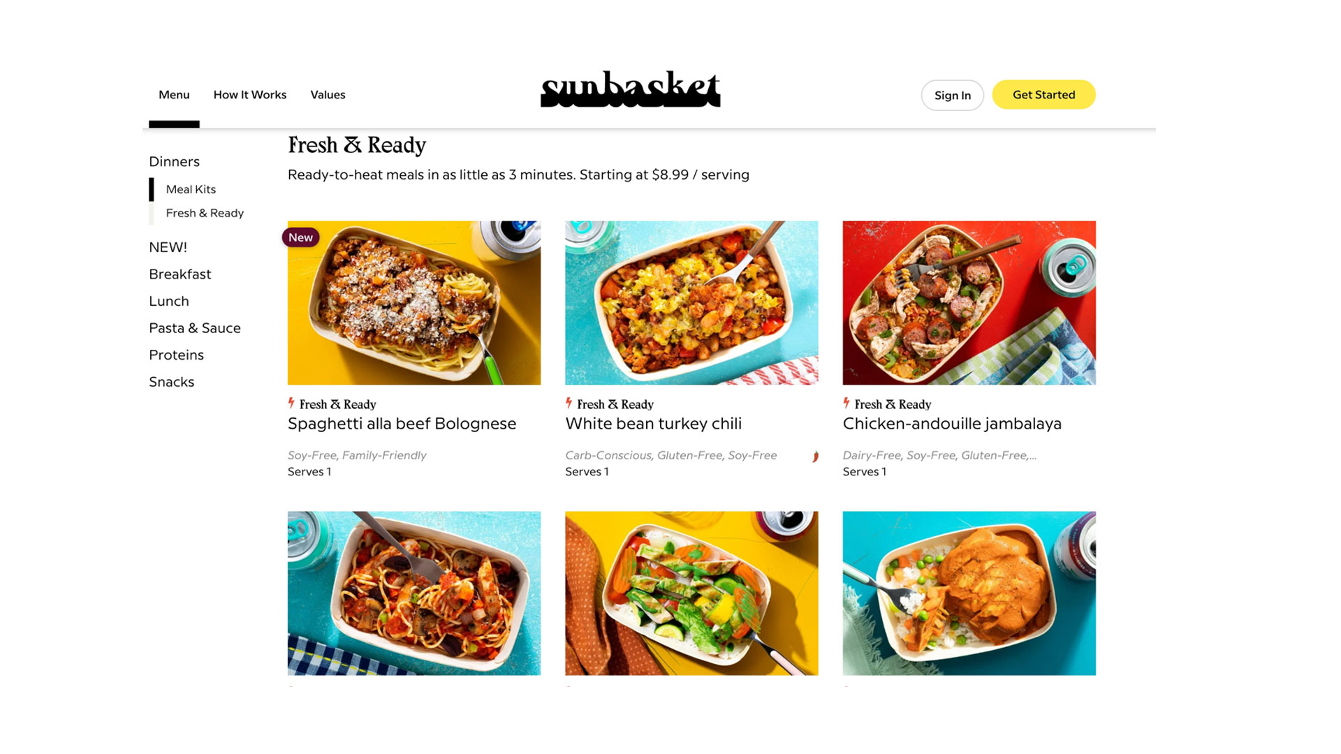 Test Sunbasket : L'image montre des plats cuisinés disponibles sur le site Web.